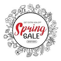 Spring sale banner with leaf and flower hand drawn on white background. vector