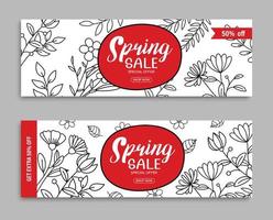 banner de venta de primavera con hojas y flores dibujadas a mano sobre fondo blanco. vector