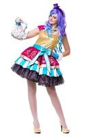Nice woman wearing colorful dress and blue wig photo
