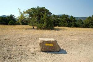 Arrow on a stone, specifying a direction in mountains photo