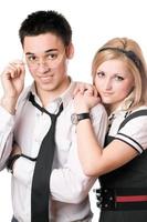Pretty smiling student pair. Isolated photo