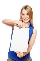 Pretty young woman holding empty white board photo