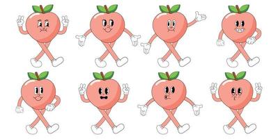 A Set of peach cartoon groovy stickers with funny comic characters, gloved hands. Modern illustration with legs and arms. vector