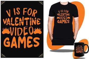 v es para el diseño de camisetas de videojuegos de San Valentín o el diseño y vector de camisetas para niños de juegos