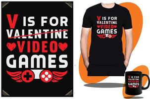 v es para el diseño de camisetas de videojuegos de San Valentín o el diseño y vector de camisetas para niños de juegos