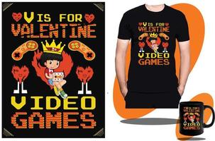 v es para el diseño de camisetas de videojuegos de San Valentín o el diseño y vector de camisetas para niños de juegos