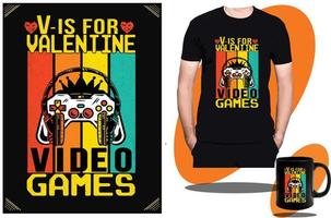 v es para el diseño de camisetas de videojuegos de San Valentín o el diseño y vector de camisetas para niños de juegos