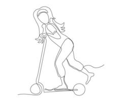 mujer abstracta, niña sin rostro, andar en scooter, dibujada a mano, línea mono continua, arte de una línea, dibujo de contorno vector