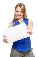 Joyful young woman holding empty white board photo