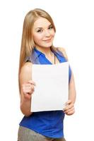 Lovely young woman holding empty white board photo