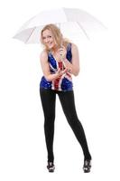 woman wearing union-flag shirt and holding umbrella photo