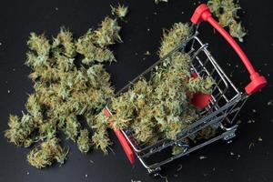 Shopping cart top view full of cannabis buds, marijuana on background with copy space. Buying legal weed online concept photo