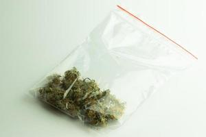 cogollos de marihuana de drogas callejeras en zip lock sobre fondo blanco. negocio ilegal de cannabis