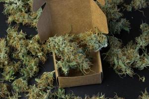 Top view of medical cannabis in box with marijuana on background. Weed delivery business photo