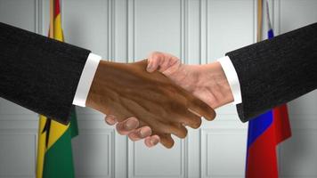ghana y rusia tratan apretón de manos, política 3d ilustración. reunión oficial o cooperación, reunión de negocios. empresarios o políticos se dan la mano