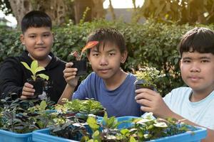 un grupo de jóvenes asiáticos sostiene una lupa y plantas en macetas y mira a través de la lente para estudiar especies de plantas y hacer proyectos, concepto de aprendizaje en el aula al aire libre, enfoque suave y selectivo. foto