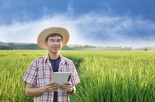 joven adolescente asiático con camisa a cuadros, usa gorra y tableta en las manos, de pie y usando su tableta para estudiar información sobre el cultivo de arroz y hacer trabajos de proyectos escolares en arrozales. foto