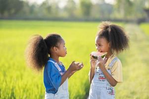 Black skinned cute little girl eating watermelon outdoors green rice field backdrop African child eating watermelon photo