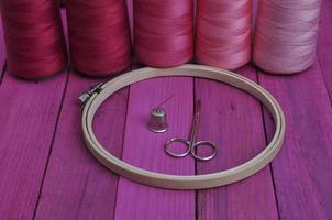 Hoop with threads for hand sewing and embroidery photo