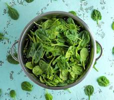 green spinach leaves in an iron colander photo