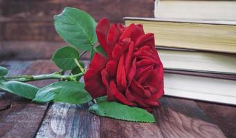 rosa roja sobre una mesa en un fondo de los libros foto