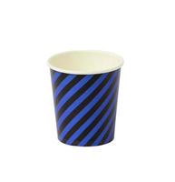 disposable blue striped cup isolated on white background photo