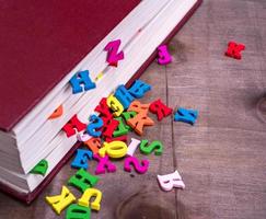 wooden letters fall out of a closed book photo