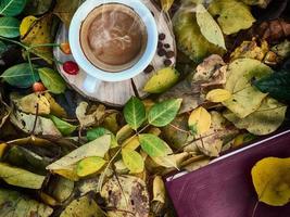 taza de café expreso en el parque de otoño foto