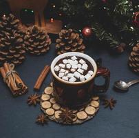 ceramic mug with hot chocolate and white marshmallow photo