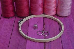 Several of red thread reel in a hoop photo