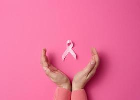 two female hands hold a pink silk ribbon in the form of a loop on a pink background. Symbol of the fight against breast cancer photo