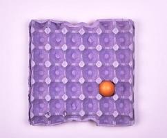 purple protective tray for raw chicken eggs with cells photo