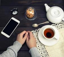 female hands lie on a wooden table, next to a cup of tea and a smartphone photo