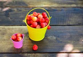 Ripe pink cherry in metal buckets photo