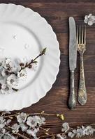 White empty plate and metal vintage knife and fork photo