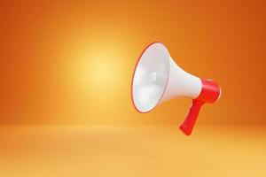 Realistic white megaphone or bullhorn speaker Isolated modern megaphone speaker on yellow background - 3D rendering. photo