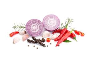 Composition of various herbs and spices vegetables rosemary pepper onion, garlic, fresh red chili, and garden mix for healthy food. isolated on white background, top view photo