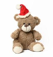 cute brown teddy bear sitting in red christmas cap on white  background photo