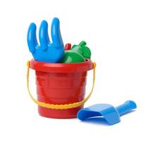 Baby red plastic bucket, shovel and rake on white background, set