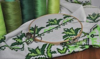 The process of cross stitch products wooden hoop photo