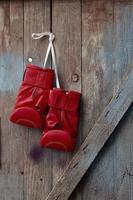 pair of red leather boxing gloves hanging on a nail photo