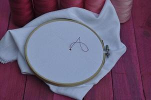 fabric in the hoop for cross stitch on a background of colored thread photo