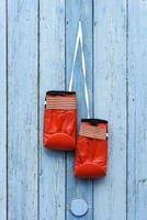 a pair of red leather boxing gloves hanging on a white cord photo