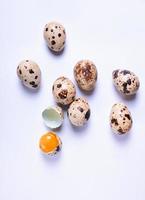 Fresh quail eggs on a white surface photo