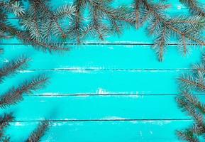 wooden background of parallel boards and a green spruce branch photo