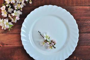 White plate on a brown wooden surface photo