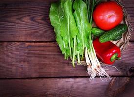 Tomato, cucumber and green onion on a copper plate photo