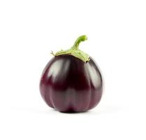 whole round purple fresh eggplant with green base isolated on white background photo
