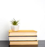 stack books on a black table, on top a ceramic pot photo