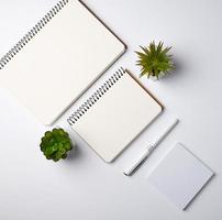 open spiral notebook with empty sheets, pots with green indoor plants photo